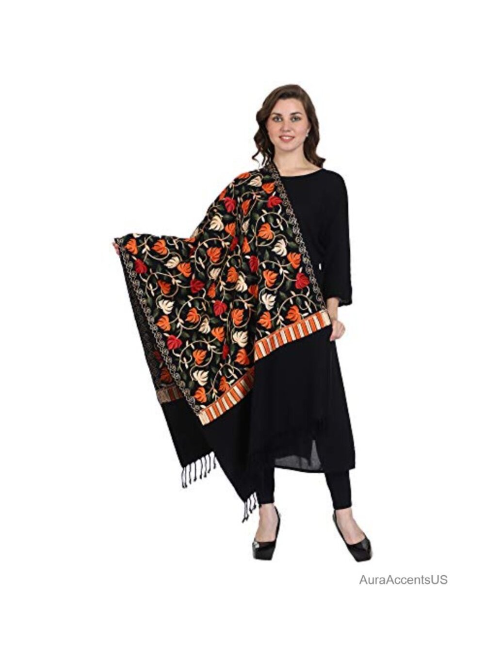 Wool Kashmiri Aari Hand Embroidered Floral Stole Wrap 27x80